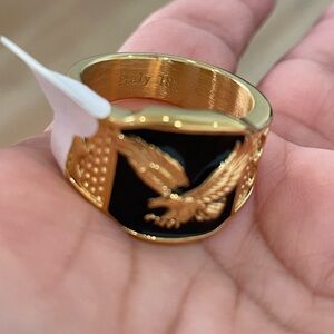 Statement Engraved Italy 18k Gold filled Eagle Ring Black Enamel